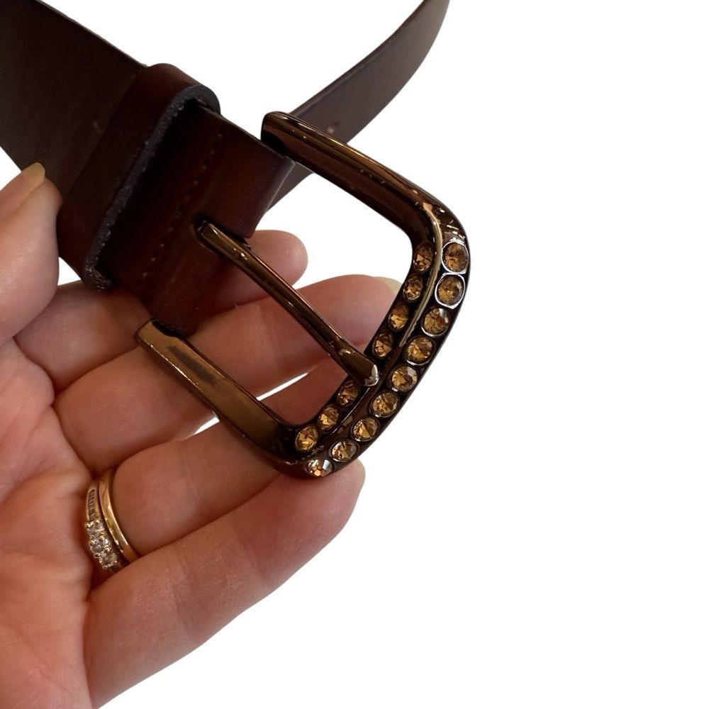 Fossil Brown Leather Belt Rhinestone Buckle Sz M - Picture 4 of 16